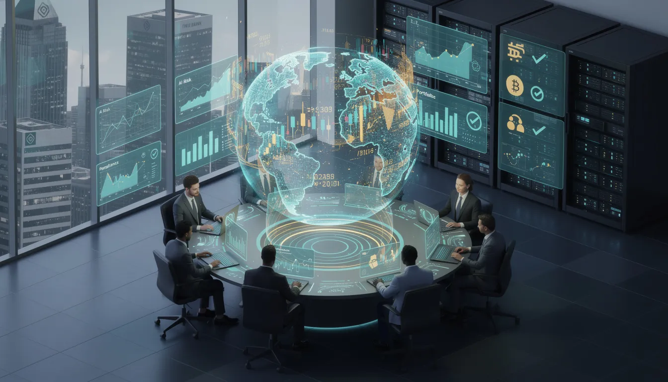 The image illustrates the integration of AI in financial services, showcasing various AI tools and automation solutions that enhance operational efficiency and streamline business processes. It highlights the use of machine learning algorithms and natural language processing to automate routine tasks, improve customer interactions, and reduce human error in data analysis and document processing.