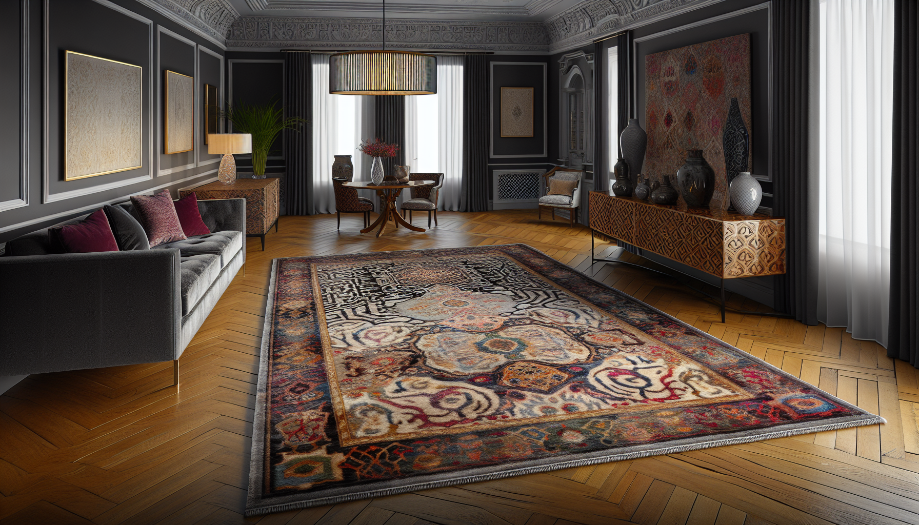 Show-stopping rug anchoring the luxurious living room