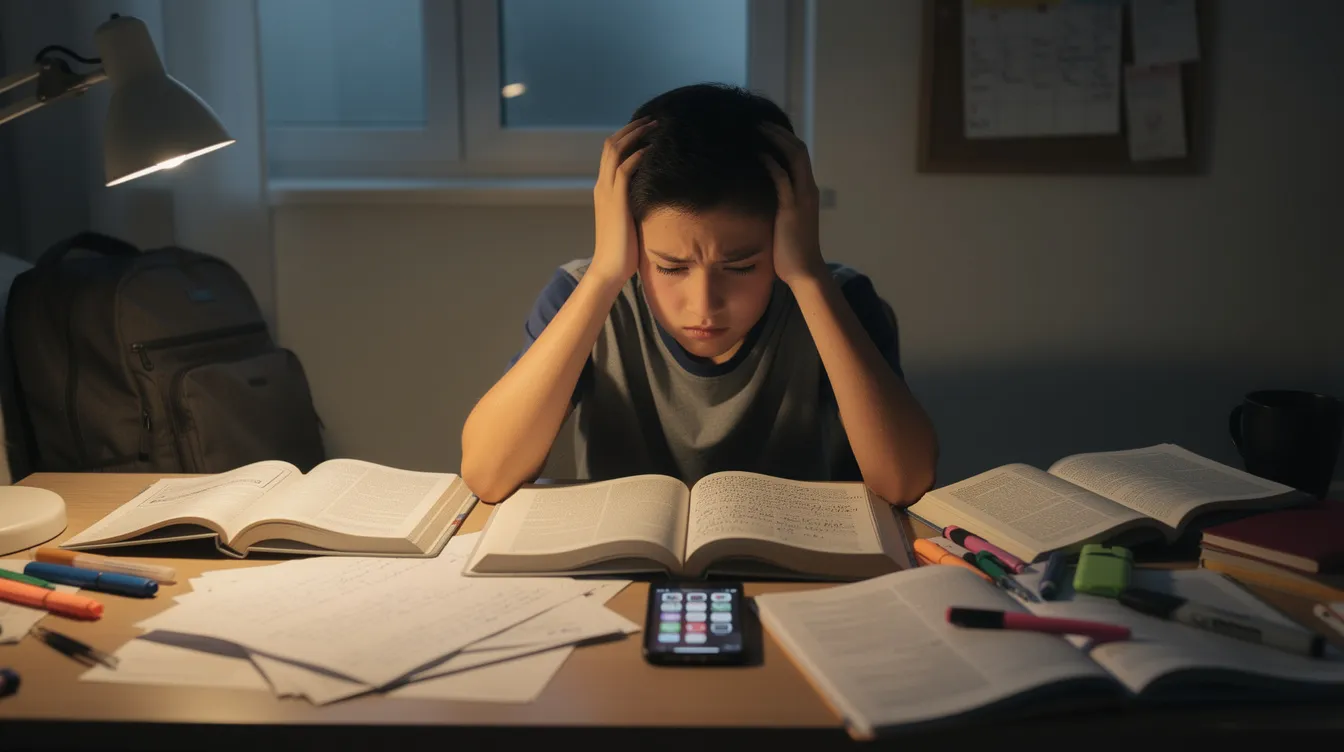 A teenager is sitting at a cluttered desk filled with books and a phone, appearing overwhelmed by stress. This scene reflects the challenges young people face in managing stress from school and daily life, highlighting the importance of healthy habits and emotional well-being.