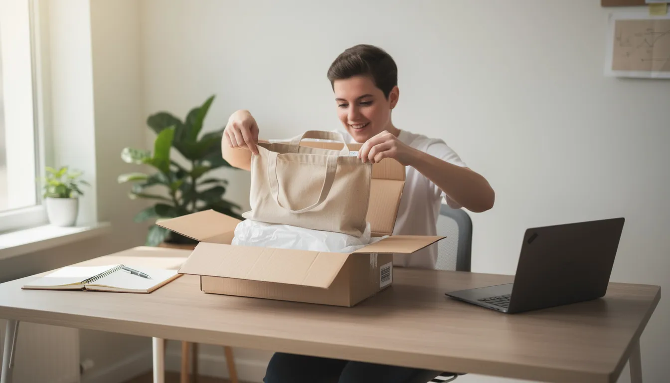 Eine Person sitzt an einem Schreibtisch im Homeoffice und öffnet ein Lieferpaket, aus dem eine stylische Tragetasche sichtbar herausragt