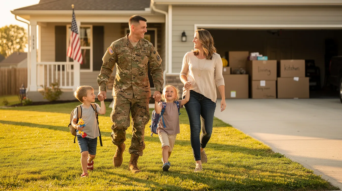 A military family is walking together near their house, with moving boxes stacked in the background, indicating they are in the process of relocating. This scene reflects the challenges and transitions often faced by military families, who may also consider various education paths such as certificate programs or degree programs to enhance their career prospects in an evolving job market.