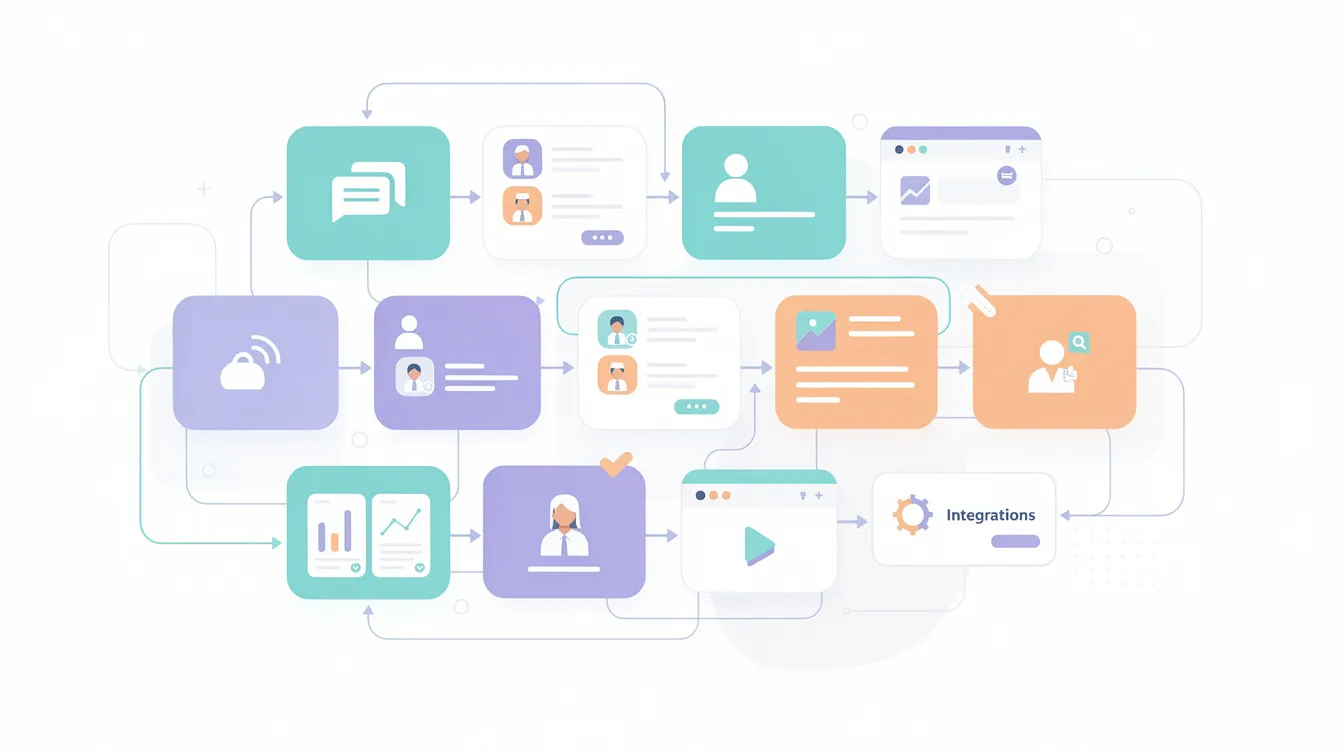 The image features an abstract flat illustration of customizable community building blocks and widgets, symbolizing an embeddable platform for online community engagement. It represents various components that facilitate member activity, internal collaboration, and customer engagement within a branded community.