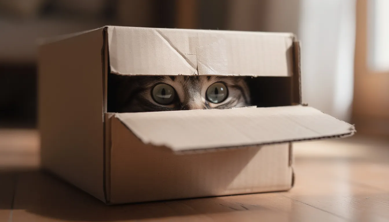 A tabby cat is hiding in a cardboard box, with only its bright eyes peeking out, creating a cozy and safe space that may help reduce its stress levels. This behavior can indicate feelings of anxiety or the need for mental stimulation, common in pets when they feel overwhelmed or bored.