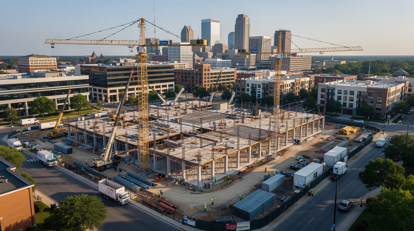 An aerial view of a bustling commercial construction site in a growing southeastern city showcases cranes and steel framing, highlighting the active construction projects that contribute to the region's economic development. Project managers oversee the site, ensuring effective risk management and accurate construction forecasting to maintain healthy profit margins and project efficiency amidst labor shortages.