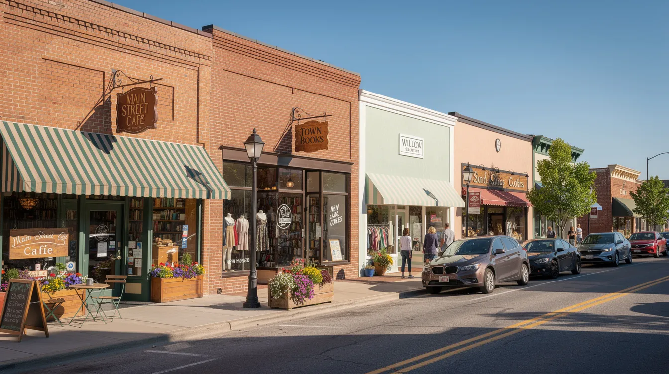 The image depicts a sunny small-town main street bustling with various local businesses, each featuring distinct storefronts and visible signage. This vibrant scene highlights the importance of local visibility and business profiles for attracting potential customers, making it easier for them to find services through platforms like Google Maps and local search results.