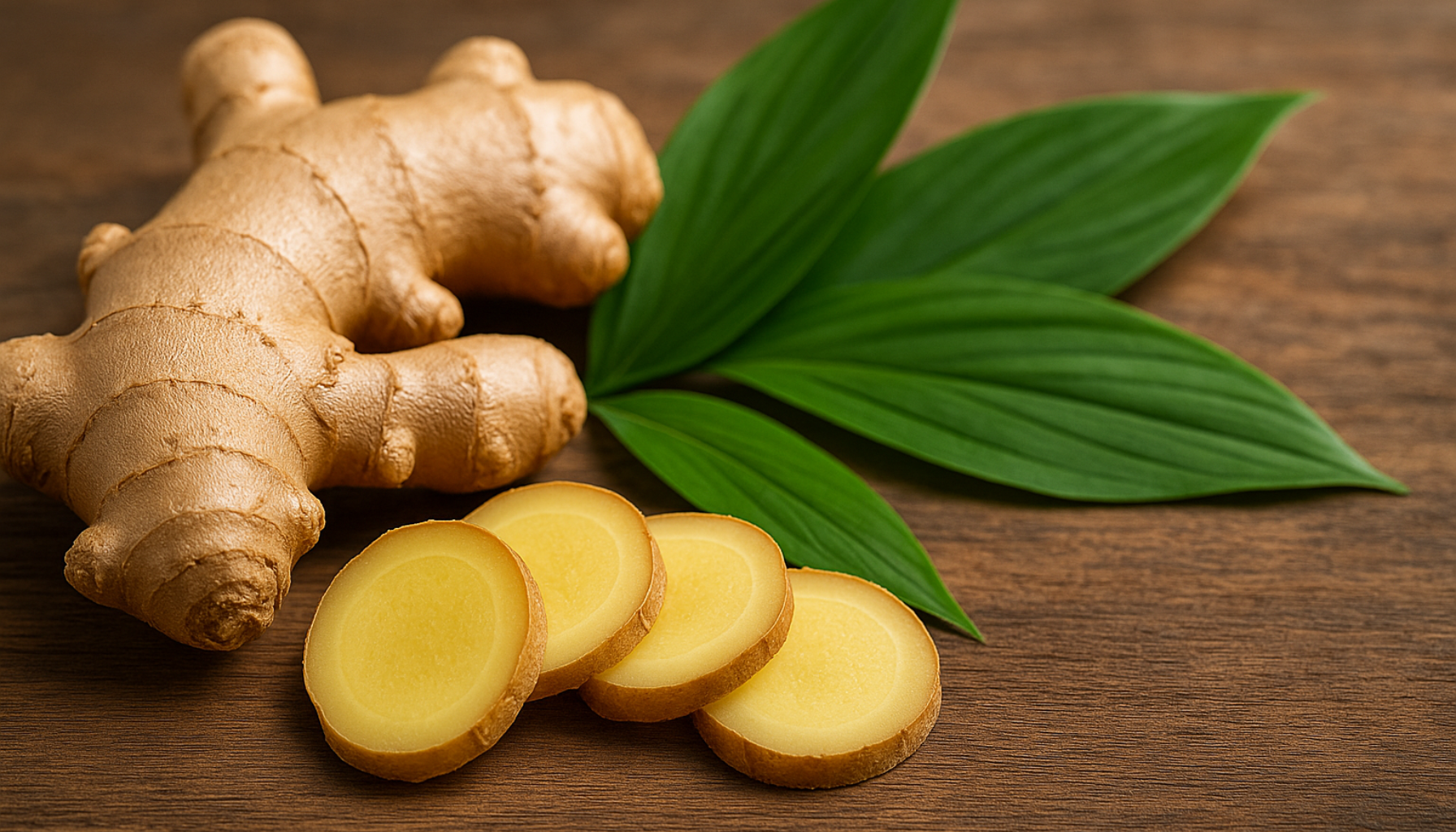 Frisk ingefærrot med grønne blader og skiver på trebord, opplyst av naturlig varmt lys.