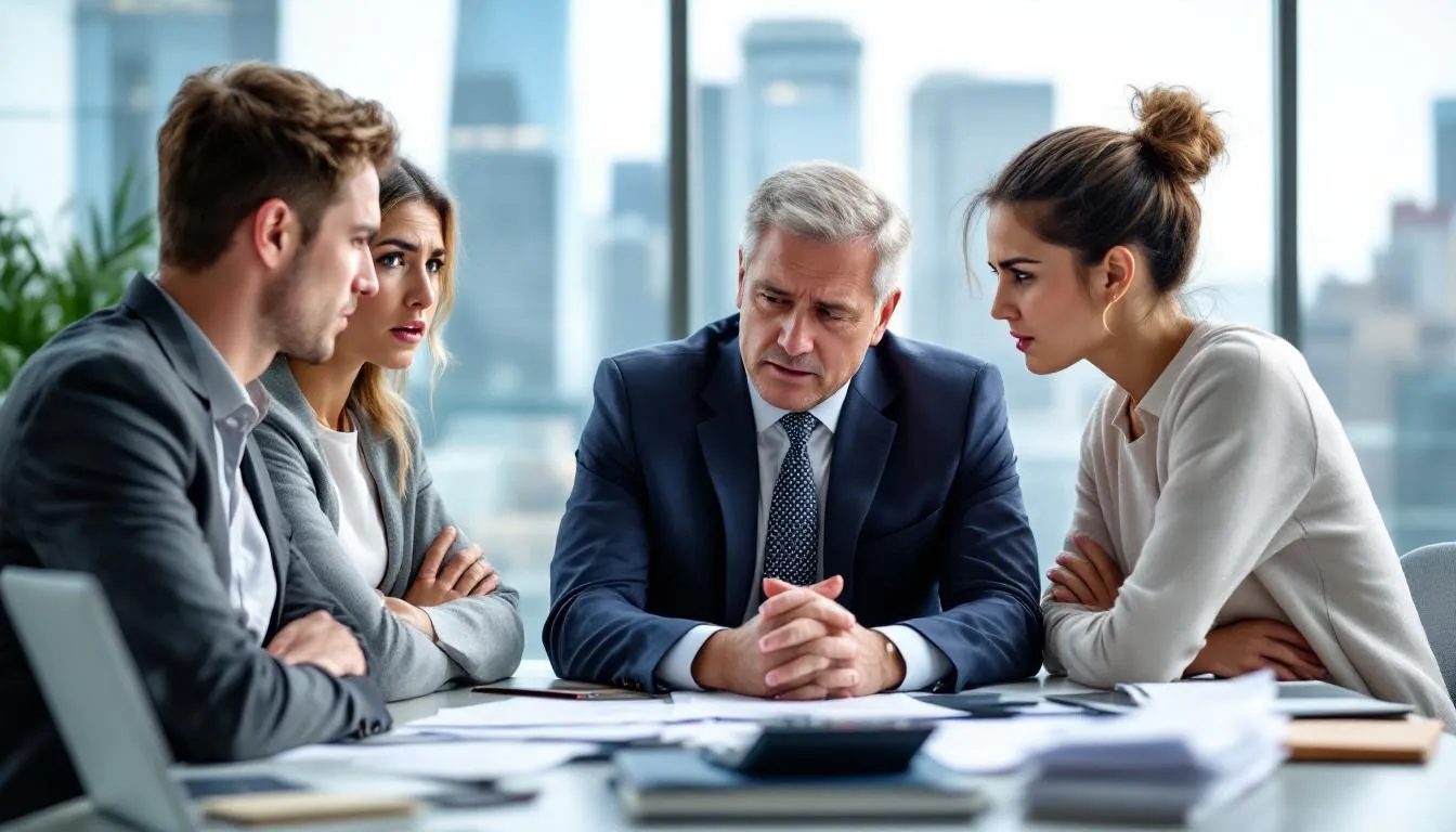 A professional tax advisor is seated at an office desk, discussing options with concerned clients who are facing tax debt issues. The advisor is explaining various strategies such as payment plans and offers in compromise to help the clients resolve their IRS tax liabilities.