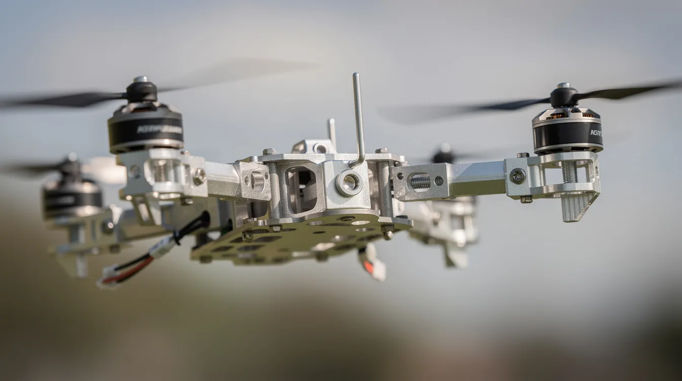 A small commercial drone is captured mid-flight, showcasing its machined aluminum structural components and motor mounts, highlighting the advanced manufacturing processes used in the aerospace industry. This image emphasizes the importance of aerospace rapid prototyping and the use of high-quality materials in the production of unmanned aerial vehicles.