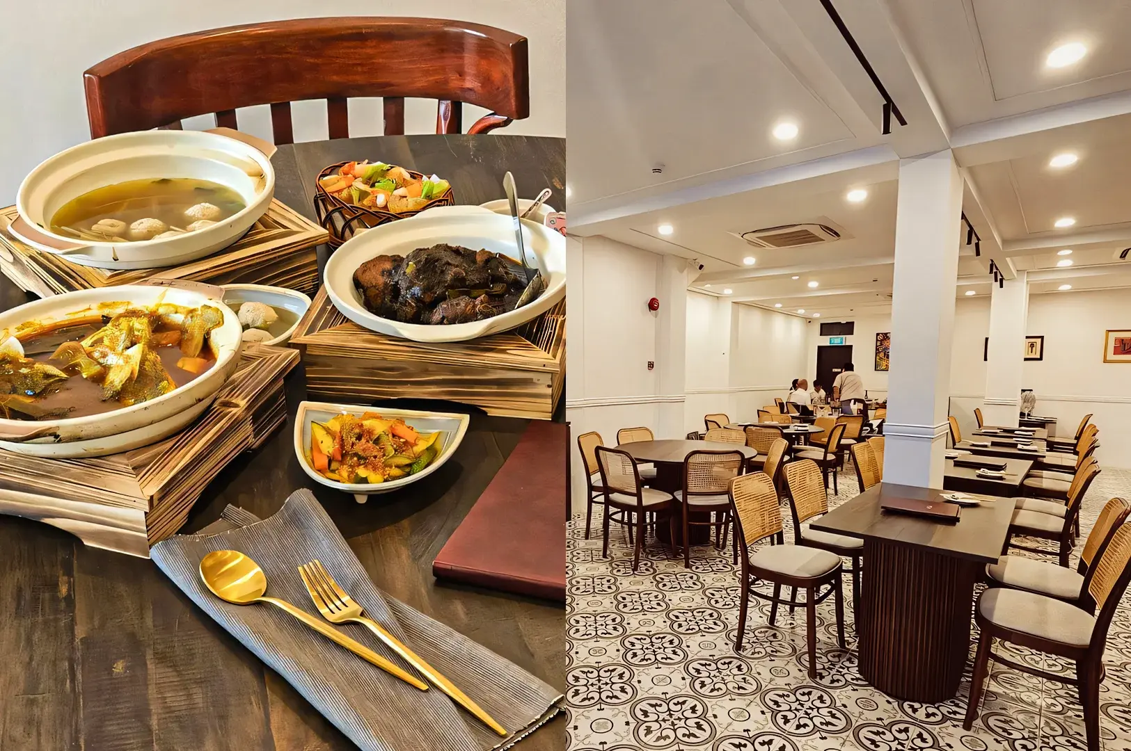 Left: slightly elevated table‑level shot of authentic Nonya dishes served in ceramic bowls, including curry, soup, and braised meat on a wooden table. Right: eye‑level wide‑angle shot of a Nonya restaurant dining hall with patterned tile floors, wooden tables, and rattan chairs.