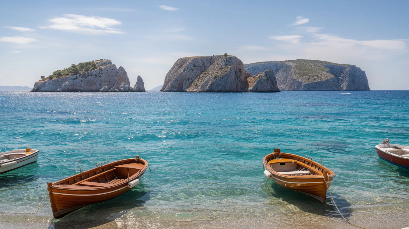 Vista panorâmica da costa croata, destacando o mar azul cristalino e ilhas rochosas ao fundo, com barcos de madeira navegando em primeiro plano. A imagem captura a beleza natural e o clima mediterrâneo da região, um destino turístico popular na Croácia.