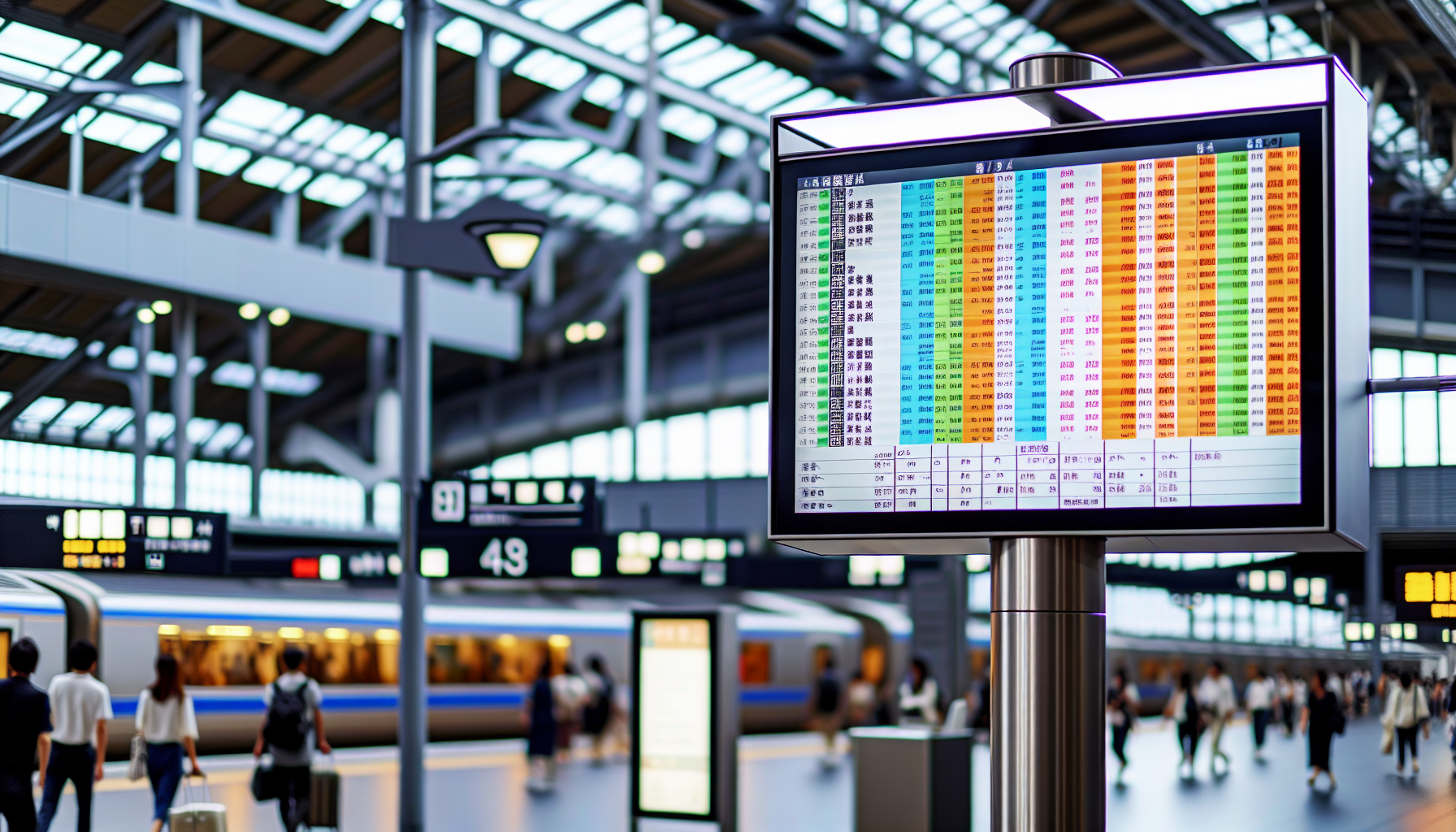 Train timetable and ticket prices displayed on a digital screen