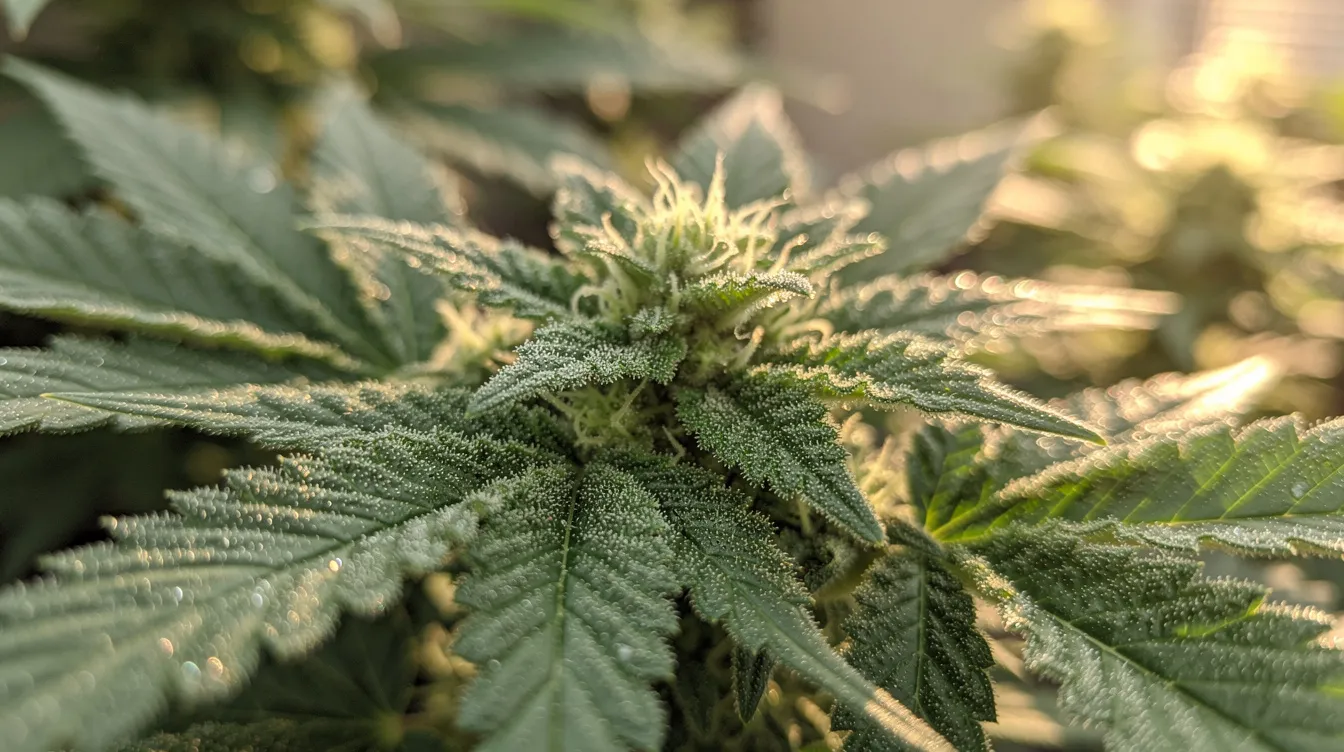 A close-up view of vibrant green cannabis plant leaves showcases glistening trichomes illuminated by natural light, highlighting the intricate details of this cannabis sativa variety. This image reflects the natural beauty of marijuana plants, which are subject to various regulations in Missouri regarding the sale and consumption of hemp-derived products, including delta 8 THC.