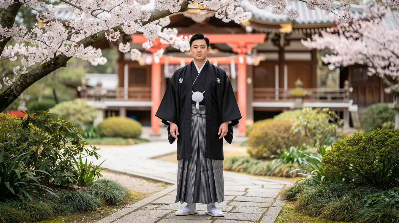 A groom dressed in a black crested hakama and haori stands elegantly beside cherry blossoms in a serene shrine garden, embodying traditional Japanese clothing suitable for formal occasions. The scene captures the essence of a Japanese wedding, showcasing the beauty of cultural attire amidst nature.