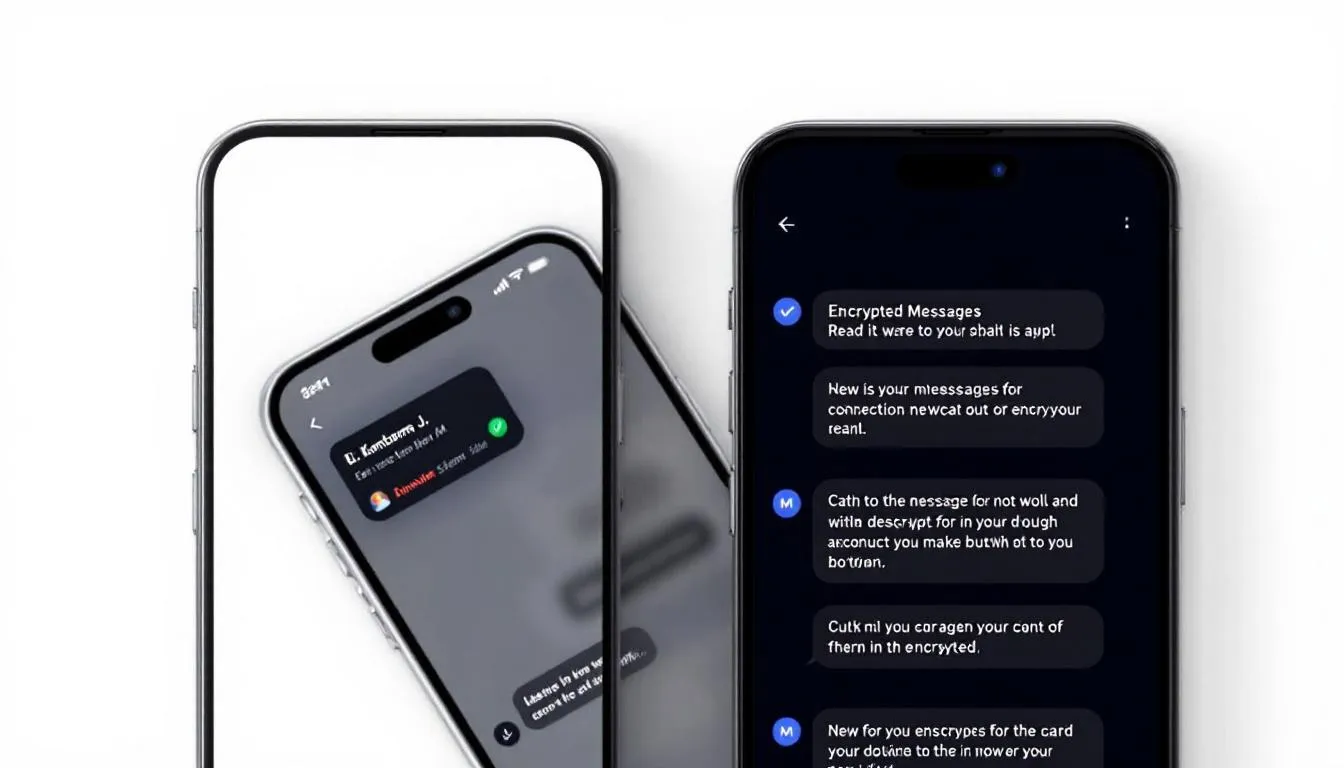 The image features two smartphones displaying the interfaces of encrypted messaging apps, showcasing key features like end-to-end encryption and options for private chat. These apps are designed for secure communication, allowing users to share sensitive details while remaining anonymous and protecting their personal information.