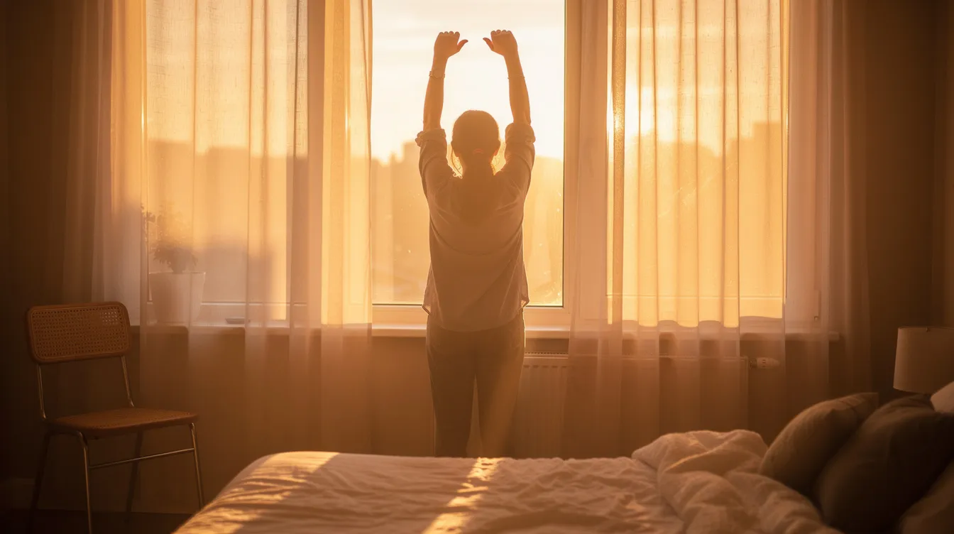 Eine Person steht morgens am Fenster und streckt sich im warmen Licht, was ein Gefühl von Energie und Lebensfreude vermittelt. Diese Szene kann helfen, den Cortisolspiegel im Körper zu regulieren und den Start in den Tag positiv zu gestalten.