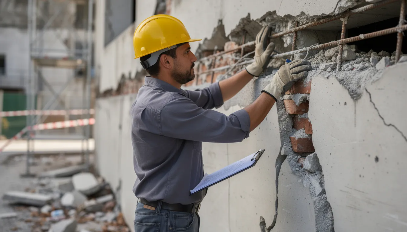 A person wearing a hard hat and work gloves is carefully examining the exterior of a damaged structure, assessing the extent of the fire damage. This scene highlights the importance of documenting structural damage and personal property items for the insurance claims process after a devastating event like a house fire.