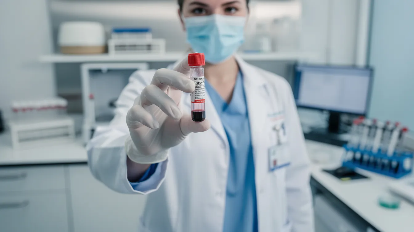 Ein medizinischer Fachmann hält ein Bluttest-Röhrchen in einem Labor. Diese Analyse könnte zur Beurteilung des THC-Gehalts bei Patienten dienen, insbesondere im Zusammenhang mit der Regulierung von Cannabis in Deutschland und dessen Einfluss auf das Fahrverhalten.