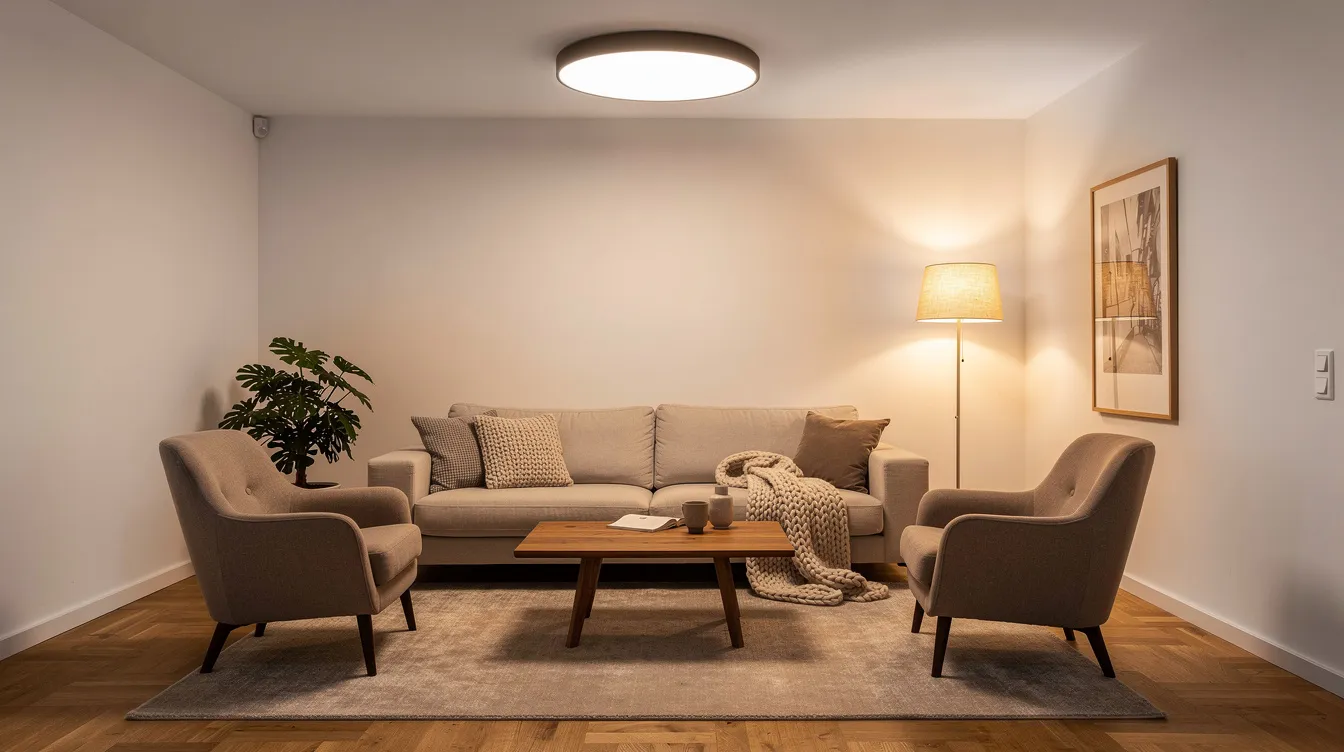 Vardagsrummet har en soffgrupp omgiven av en varm golvlampa och en plafond nära taket som sprider ljuset jämnt i rummet. Den moderna inredningen skapar en mysig atmosfär med lågt i tak och stiliga detaljer.
