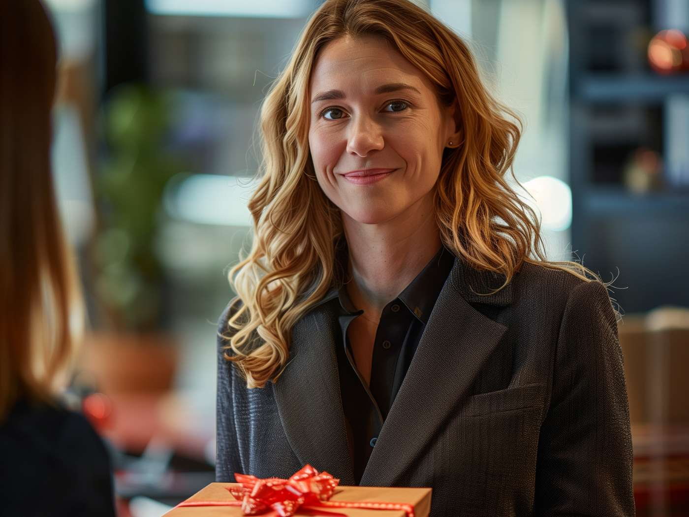 A smiling woman with wavy hair in business attire holding a vibrant orange gift box with a red ribbon, brought to you by Fabulous Flowers and Gifts.