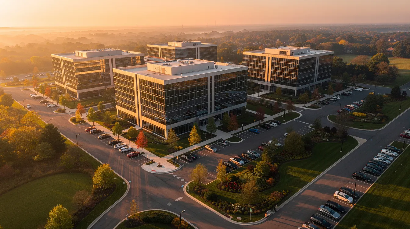 An aerial drone shot captures a modern business campus during the golden hour, showcasing lush trees and organized parking areas, ideal for promotional videos aimed at building brand awareness. The warm light enhances the campus's inviting atmosphere, making it an appealing setting for potential customers and new employees.