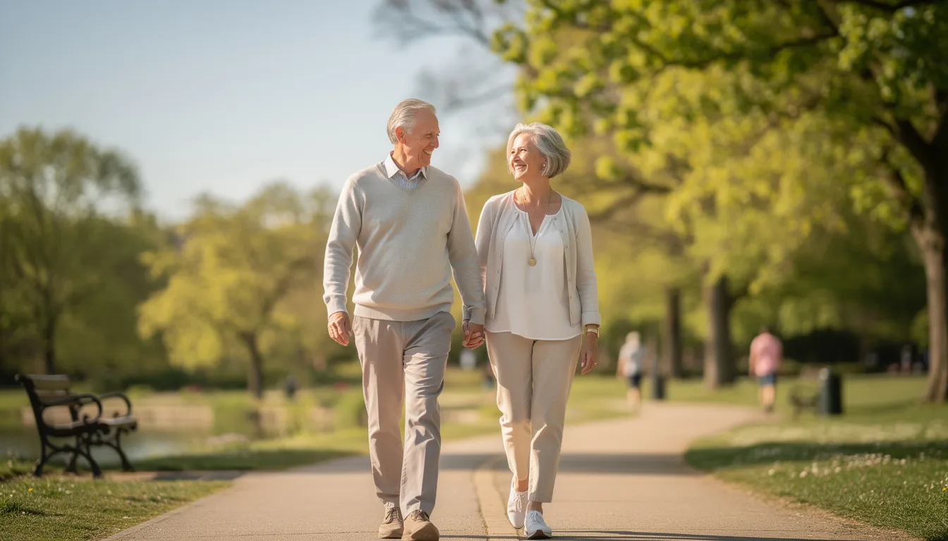 A confident retired couple is walking hand-in-hand outdoors, enjoying their time together in a vibrant park setting. Their relaxed demeanor reflects a sense of financial security and freedom, likely achieved through effective investment management and planning for their future.