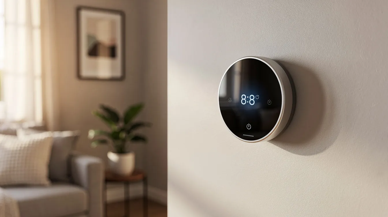 A modern smart thermostat is mounted on the wall in a stylish residential home, showcasing a lifestyle ambiance. The device is designed to efficiently control the air conditioning system, ensuring optimal indoor air quality and comfort during the summer heat.