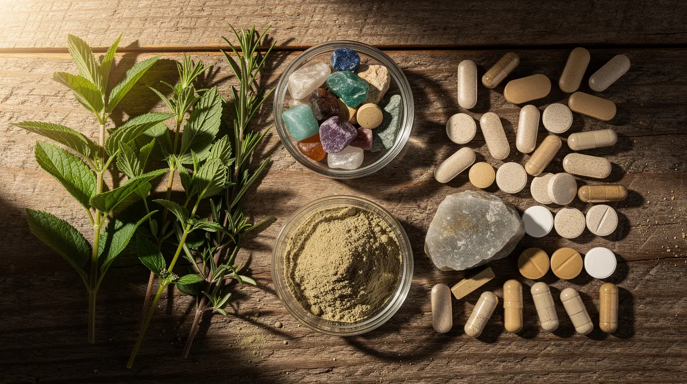 The image features a variety of natural herbs, minerals, and supplement tablets thoughtfully arranged on a rustic wooden surface, showcasing elements that may support healthy testosterone levels, including roman's testosterone support supplement and other testosterone boosters. This composition highlights the importance of nutritional supplements in promoting overall men's health and addressing issues like low testosterone and hormonal imbalances.