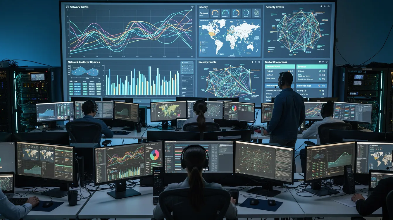 The image depicts a network operations center where engineers are intently monitoring multiple screens that display network traffic analytics, including metrics on incoming packets and their respective IP precedence values. This environment is focused on ensuring low latency and efficient management of network devices through techniques like expedited forwarding and assured bandwidth for optimal performance.