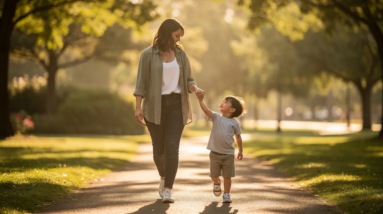 A parent and child are walking together outdoors in the morning sunshine, appearing relaxed and connected, which can be beneficial for managing anxiety related to school attendance. This supportive environment may help alleviate the child's feelings of emotional distress and school anxiety, fostering a sense of security as they prepare for the school day ahead.