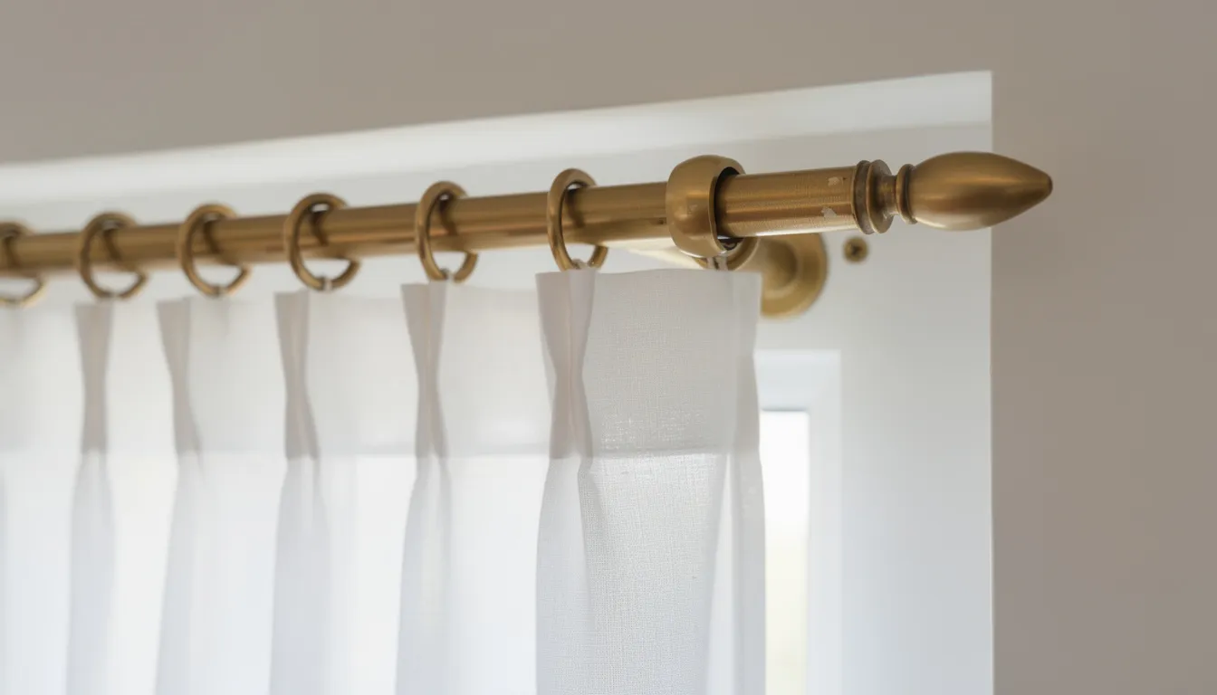 Närbild av en elegant mässingsfärgad gardinstång som bär vita gardiner i ett ljust rum, vilket skapar en stilren och luftig atmosfär. Gardinstången passar perfekt för både moderna och klassiska inredningar, och ger rummet en vacker finish.