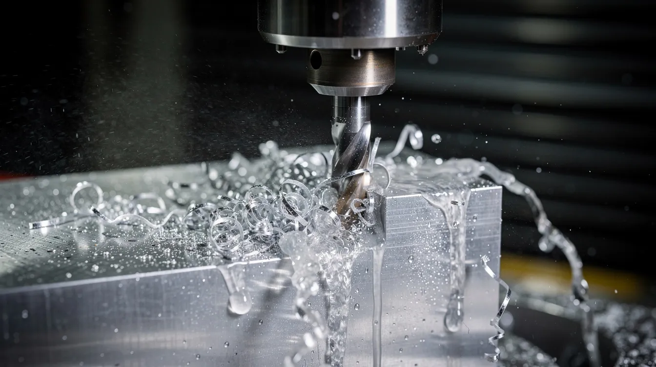 The image shows a close-up of a CNC machine spindle actively cutting into a block of aerospace-grade aluminum, with coolant visibly flowing to ensure precision and prevent overheating. This process highlights the importance of CNC machining services in the aerospace industry, particularly for creating complex aerospace components with tight tolerances.