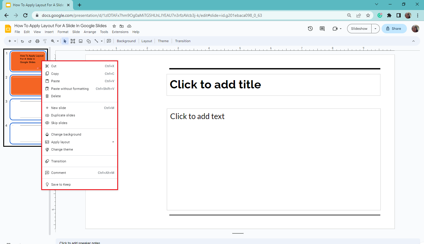 Once all of your slides in the presentation is selected, right-click the slides