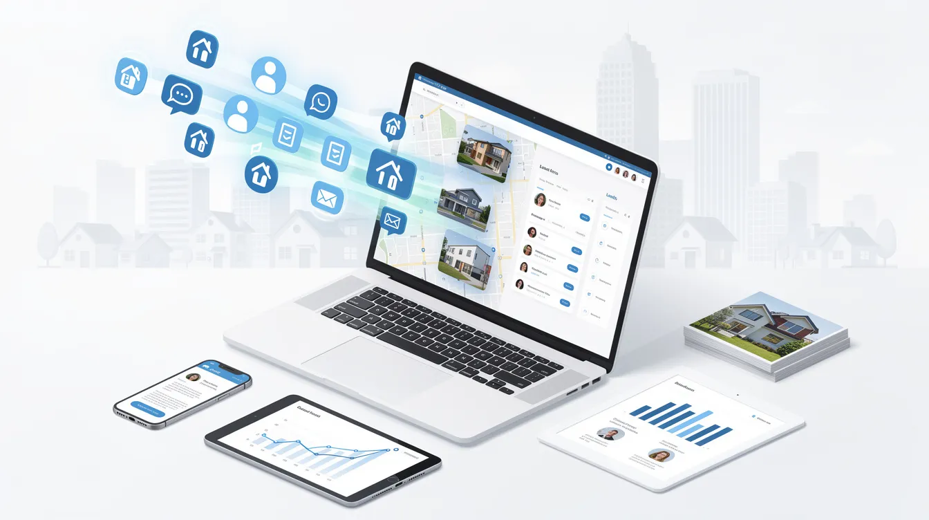 The image depicts a busy workspace where real estate professionals are actively engaging in lead generation efforts, utilizing various tools and technology to capture incoming leads. Desks are equipped with computers displaying real estate CRM software, showcasing lead management features and client interactions that help organize real estate leads effectively.