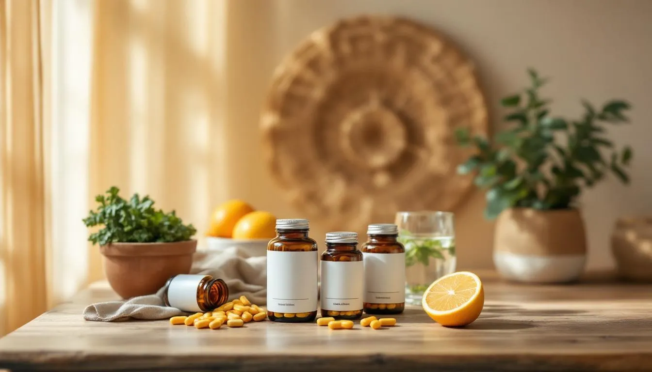 A selection of essential vitamins for individuals over 50, including multivitamin supplements.