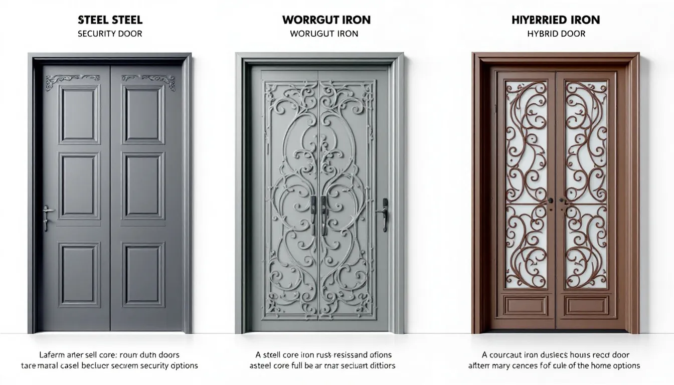 A selection of security doors, including wrought iron and steel options.