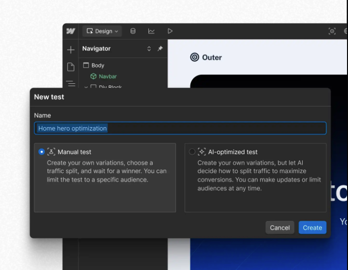 Webflow Optimize new test dialog showing a test named ‘Home hero optimization’ with options to run a manual test or an AI-optimized test.