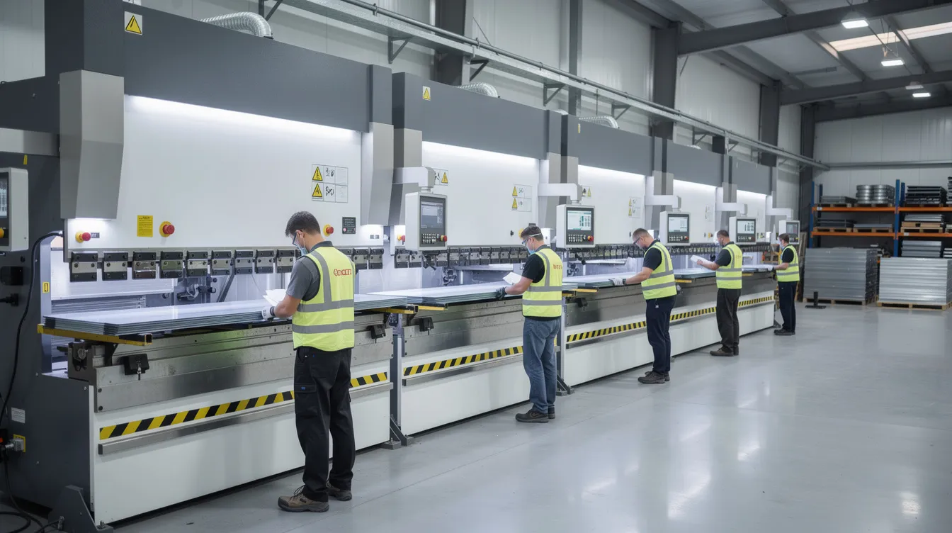 The image shows a row of CNC press brake machines in a modern sheet metal fabrication facility, where operators are actively loading stainless steel and mild steel parts for bending. This automated process highlights various bending methods, including air bending and bottom bending, ensuring tight tolerances and accurate angles for the sheet metal parts being manufactured.