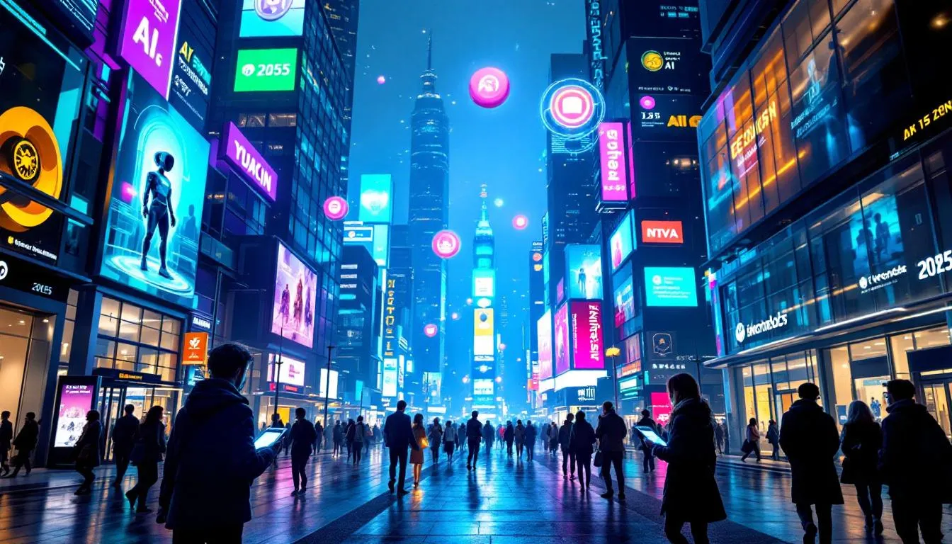 The image depicts a futuristic scene showcasing various personal AI companions, designed as autonomous agents, interacting with humans in everyday life. This visual representation highlights the AI revolution, emphasizing the role of artificial intelligence in enhancing decision-making and creativity across various industries by 2025.