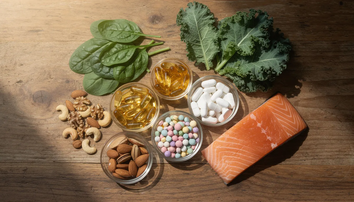 An assortment of colorful supplement capsules is displayed alongside natural whole foods, including leafy greens, nuts, and fish, on a rustic wooden table. This composition highlights the importance of dietary supplements and whole foods in promoting overall health, supporting cellular health, and contributing to healthy aging.