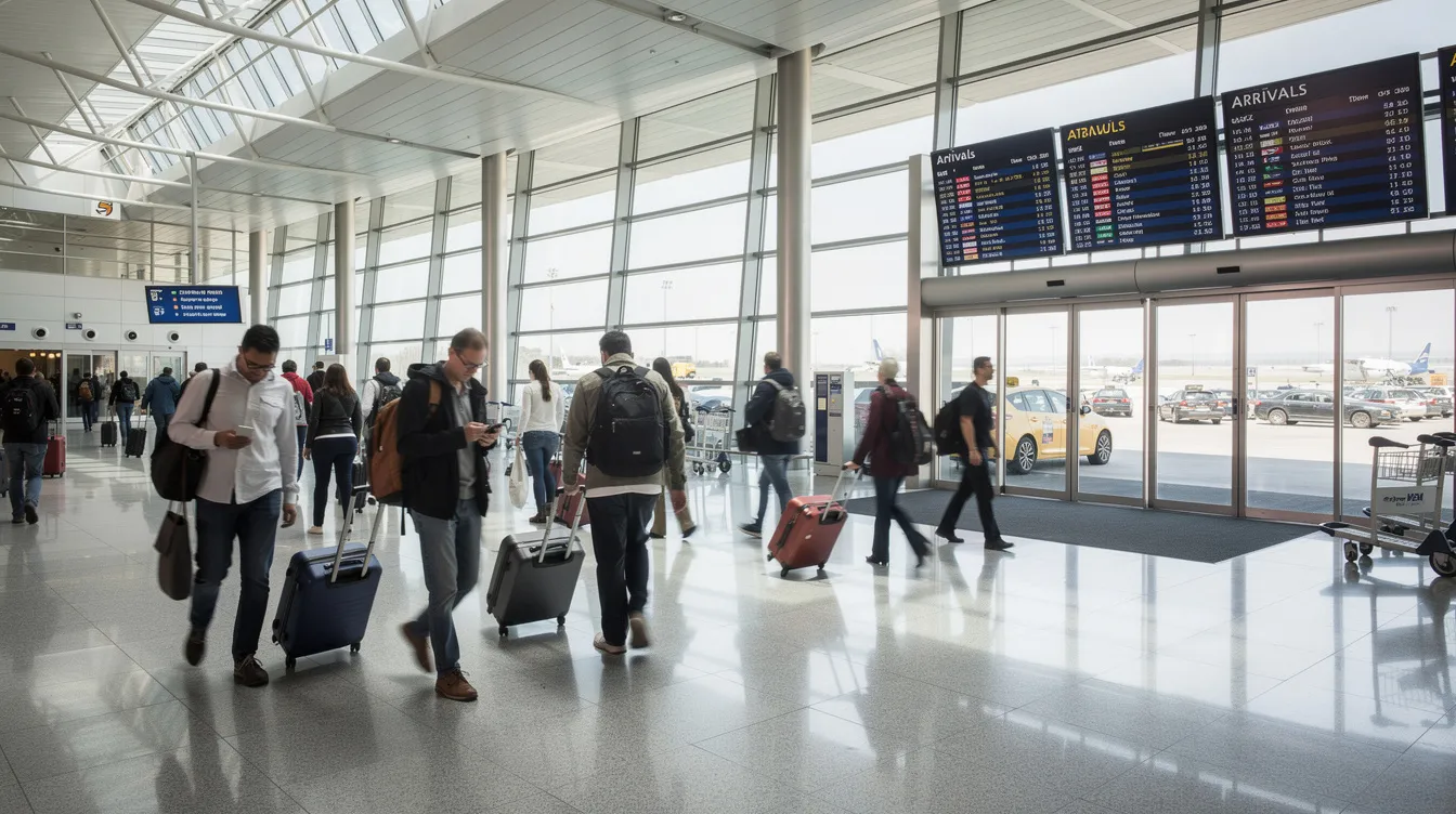 The image depicts travelers walking through a bustling modern airport arrivals terminal, each carrying suitcases as they navigate towards the exit. This scene highlights the excitement of international travel, where foreign nationals, including Irish citizens, may need to present valid travel documents and visas to enter Turkey.