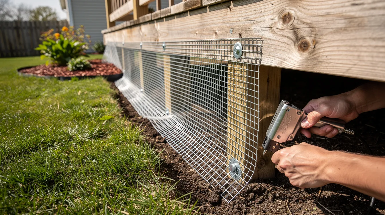 A galvanized wire mesh exclusion skirt is being installed at the base of a wooden deck in a residential backyard to stop animals from digging in your yard. This barrier aims to prevent common digging animals like raccoons, squirrels, and rabbits from creating shallow holes and tunnels that can harm the soil structure and disrupt the lawn.