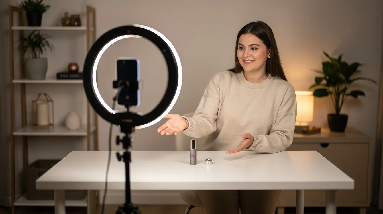 Das Bild zeigt einen Content Creator, der ein Produktdemonstrationsvideo filmt und dabei ein Ringlicht verwendet, um die Beleuchtung zu verbessern. Dieses Setup ist ideal, um Dropshipping-Produkte von aliexpress wirkungsvoll zu präsentieren und hochwertige Bilder für einen Online-Shop zu gewährleisten.