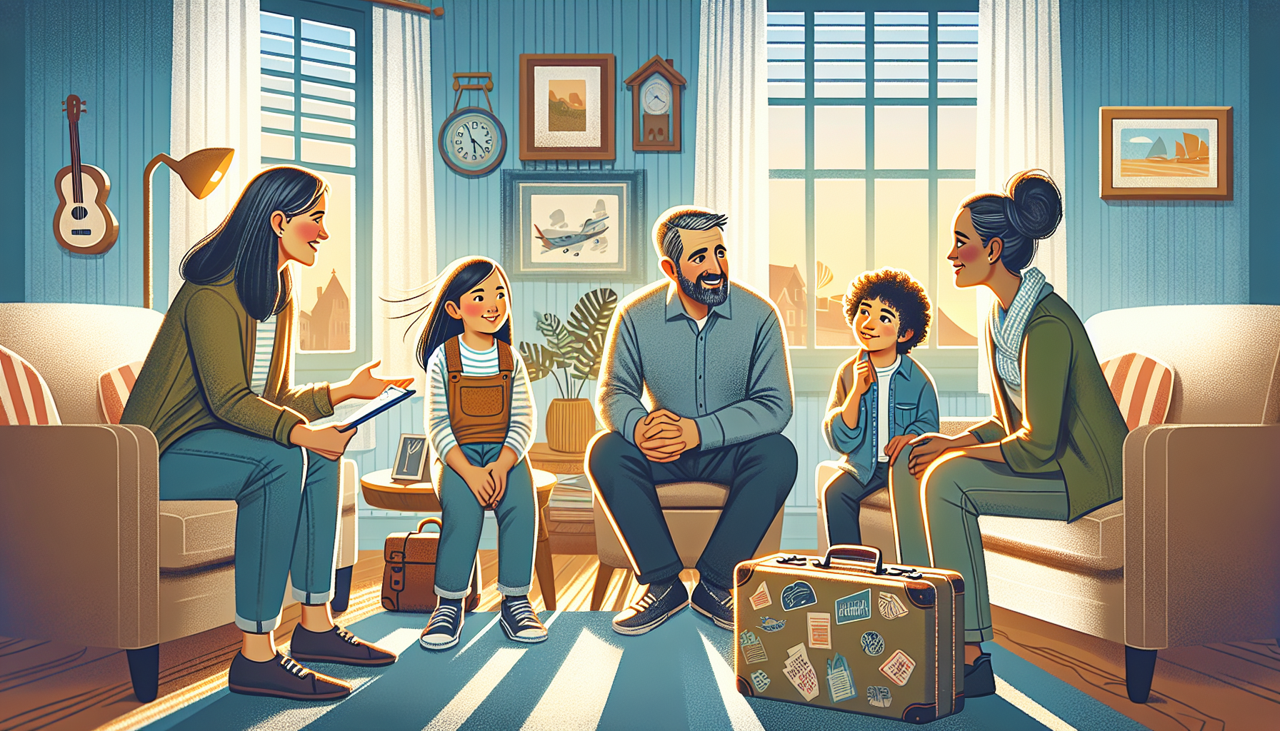 Illustration of a family interviewing a potential travel nanny