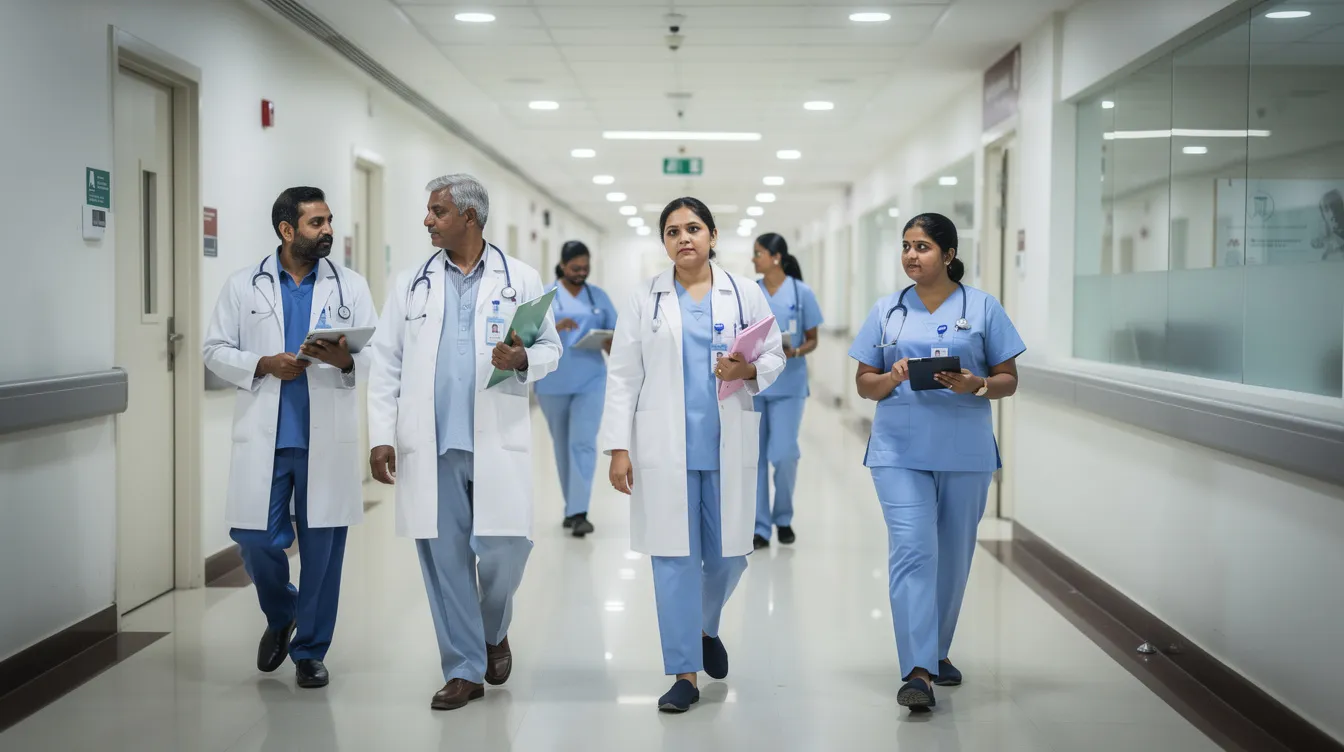 A group of medical professionals, including doctors and nurses, is walking through a modern hospital corridor in India, showcasing advanced medical equipment and healthcare facilities. This environment highlights the commitment to quality medical services and the ongoing healthcare projects aimed at enhancing patient care and medical infrastructure.