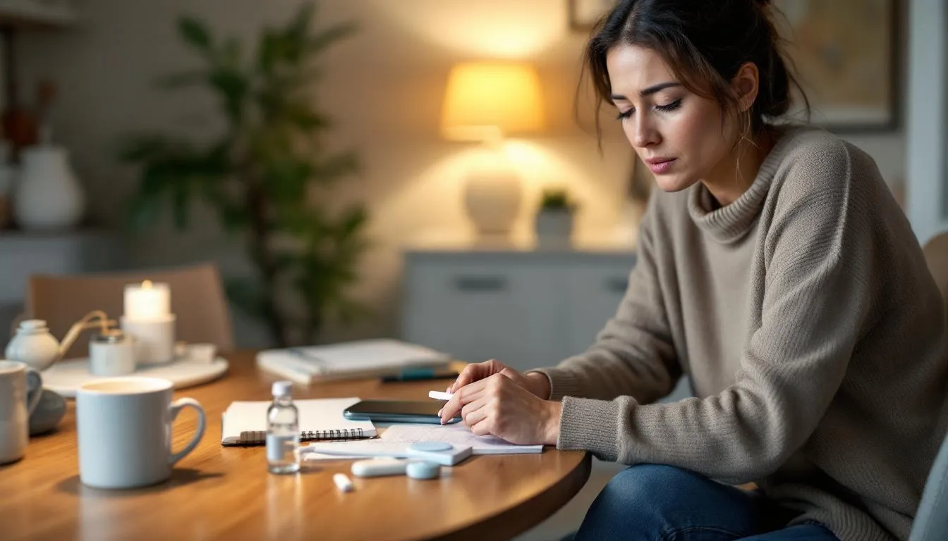 The image depicts a woman conducting a hormone at-home test, surrounded by various health-related items such as test kits and informational pamphlets about managing menopause anxiety. This scene highlights the importance of monitoring hormone levels during the menopause transition, which can help address common symptoms like mood swings, hot flashes, and anxiety disorders.