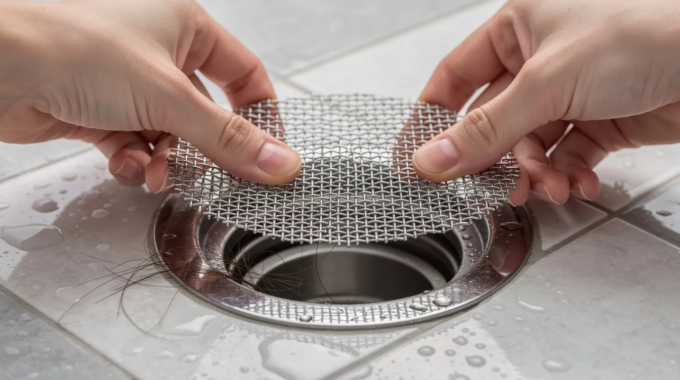 A pair of hands is carefully placing a fine mesh drain screen over a shower drain to effectively catch hair and prevent future clogs. This simple yet essential step is part of routine maintenance to ensure proper water flow and avoid clogged drains.