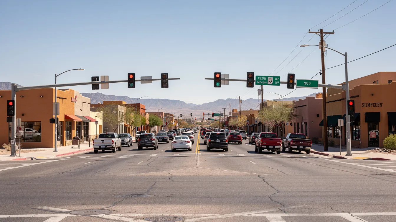 A busy intersection in a southwestern city is depicted, filled with various vehicles waiting at traffic lights, showcasing clear sightlines. This scene highlights the importance of understanding traffic laws and the potential risks faced by motorcycle riders, including the serious injuries that can occur in motorcycle accidents.