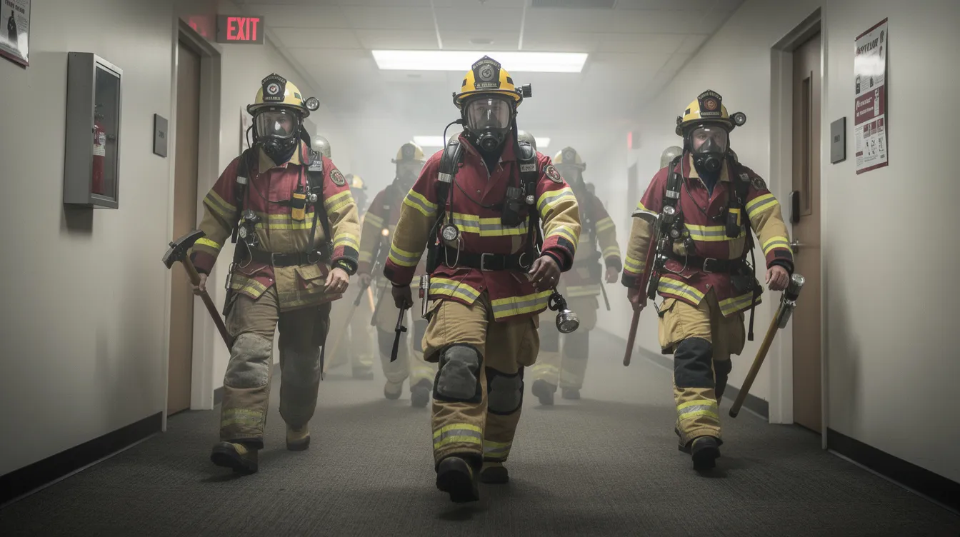 Firefighters walking through a commercial building corridor during an emergency response training exercise.