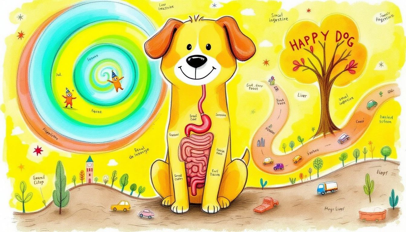 A diagram illustrating a dog's digestive system and how it processes food.