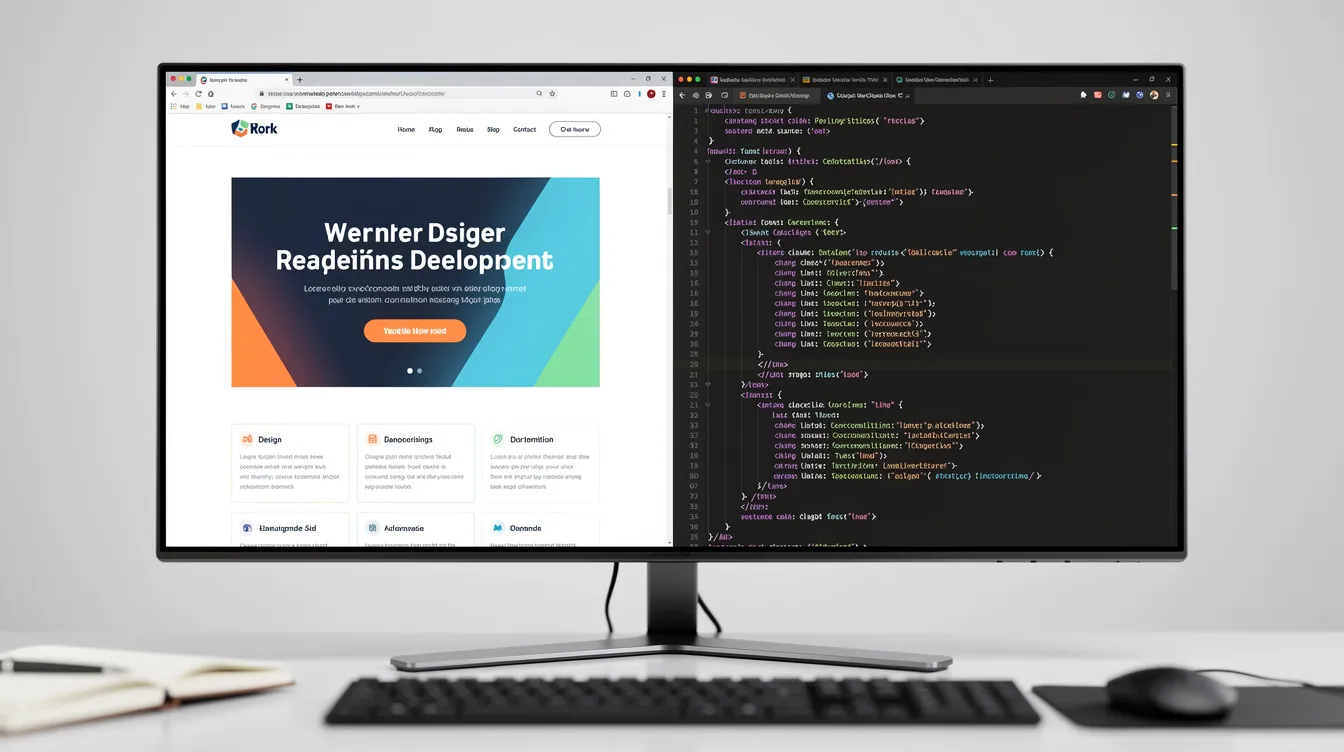 The image features a split screen with a vibrant website mockup on one side, showcasing web design elements, and a code editor on the other, symbolizing the collaboration between design and web development. This visual representation highlights the synergy of graphic design and technical expertise in creating effective digital marketing solutions.